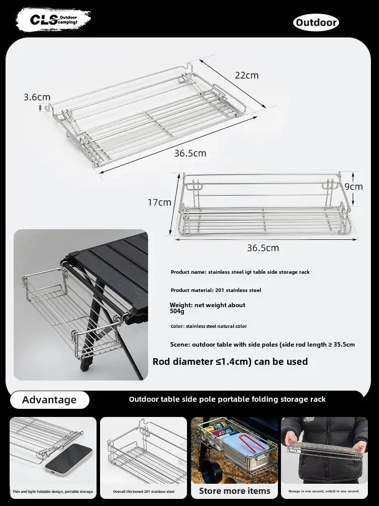 MOUNTAINHIKER Outdoor Storage Rack Table Side Hanging Mesh IGT Table Expansion Bracket Folding Extension Basket Folding Rack