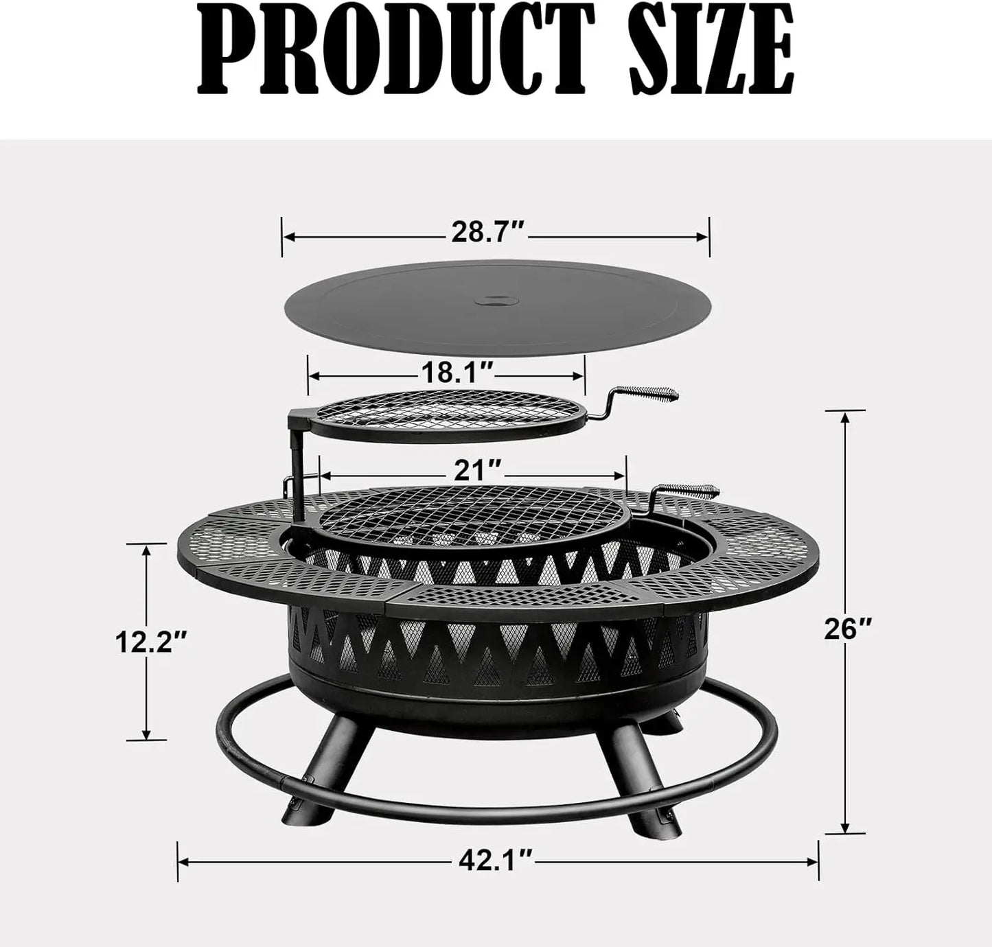 42 Inch Fire Pit with 2 Grills, Large Outdoor Firepits for Outside, Wood Burning Fireplace for Camping,Picnic,Bonfire, 3-in-1
