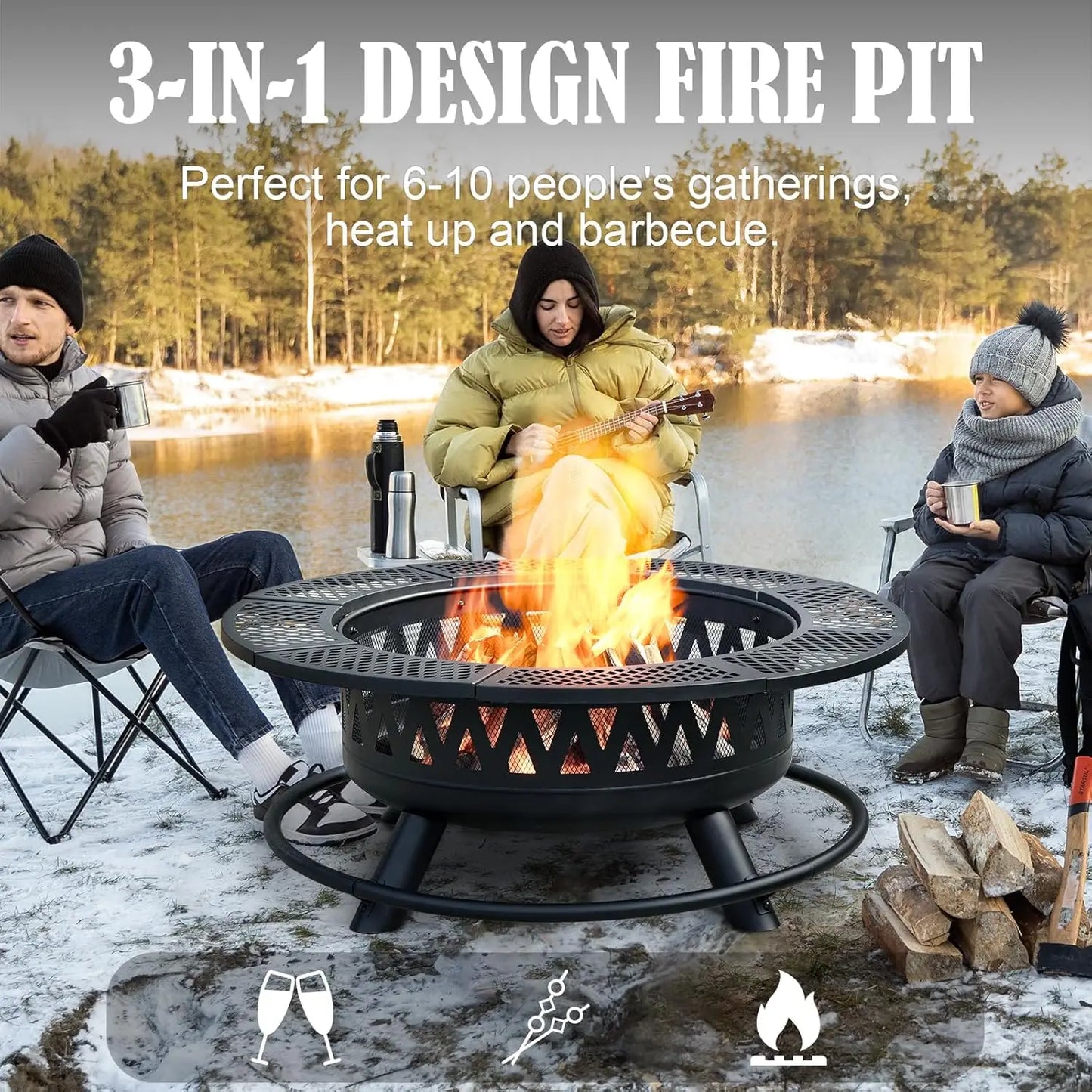 42 Inch Fire Pit with 2 Grills, Large Outdoor Firepits for Outside, Wood Burning Fireplace for Camping,Picnic,Bonfire, 3-in-1