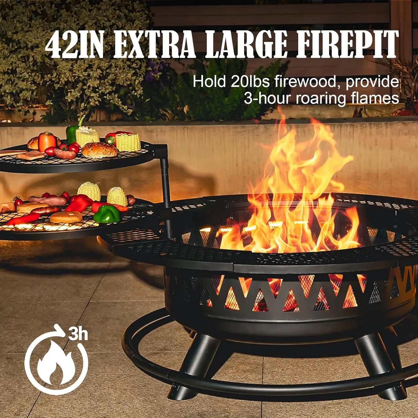 42 Inch Fire Pit with 2 Grills, Large Outdoor Firepits for Outside, Wood Burning Fireplace for Camping,Picnic,Bonfire, 3-in-1
