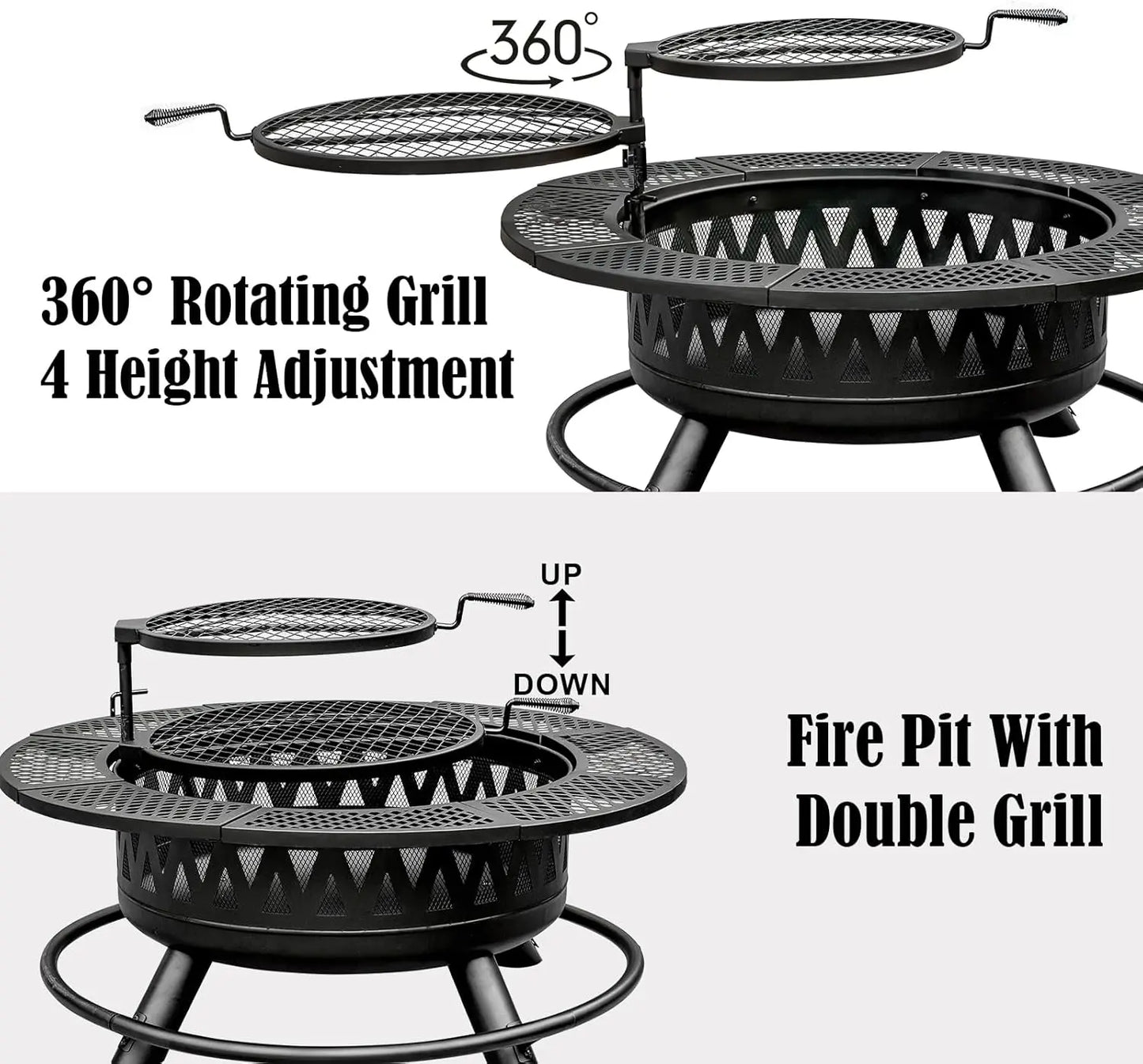 42 Inch Fire Pit with 2 Grills, Large Outdoor Firepits for Outside, Wood Burning Fireplace for Camping,Picnic,Bonfire, 3-in-1