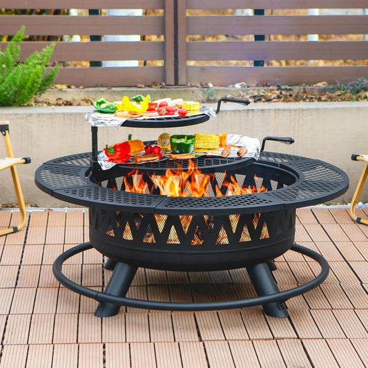 42 Inch Fire Pit with 2 Grills, Large Outdoor Firepits for Outside, Wood Burning Fireplace for Camping,Picnic,Bonfire, 3-in-1